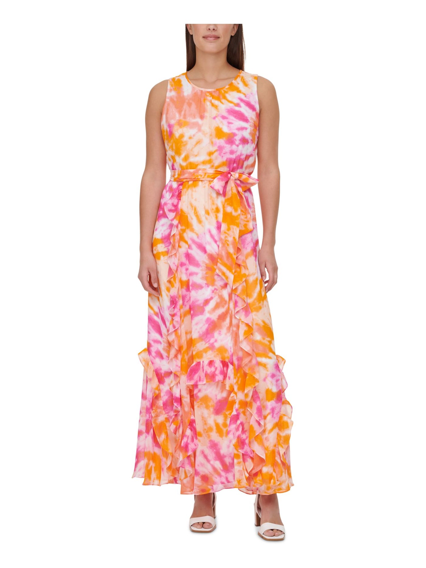 CALVIN KLEIN Womens Orange Belted Ruffled Keyhole Back Tie Dye Sleeveless Crew Neck Maxi Party Fit + Flare Dress S