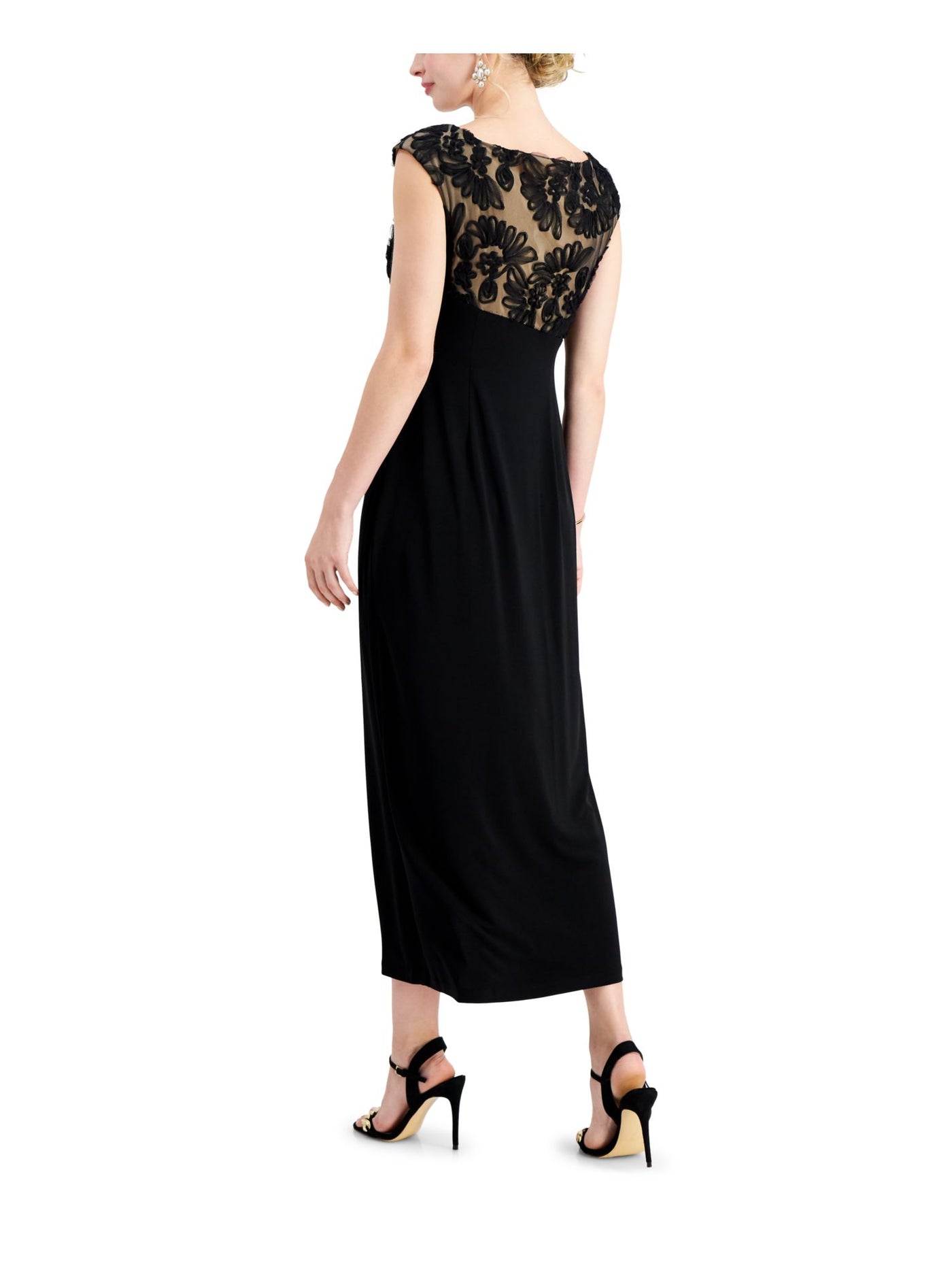 CONNECTED APPAREL Womens Black Lace Gathered At Waist Color Block Cap Sleeve Boat Neck Maxi Formal Tulip Dress Petites 14P