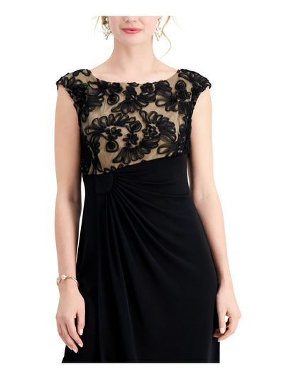 CONNECTED APPAREL Womens Black Lace Gathered At Waist Color Block Cap Sleeve Boat Neck Maxi Formal Tulip Dress Petites 14P