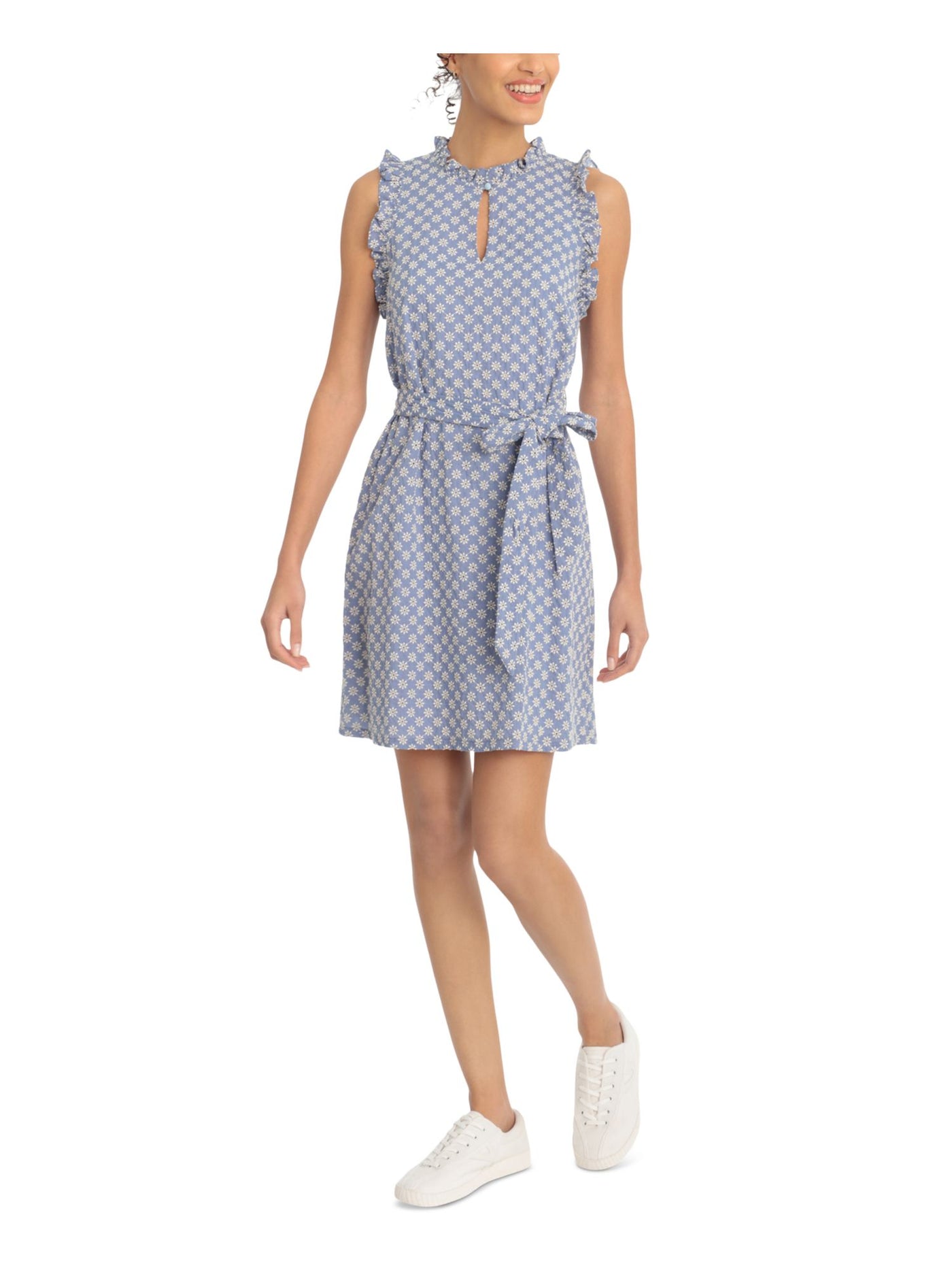 LONDON TIMES Womens Light Blue Zippered Cut Out Ruffled Neck And Sleeves Belted Floral Sleeveless Crew Neck Above The Knee Shift Dress Petites 8P