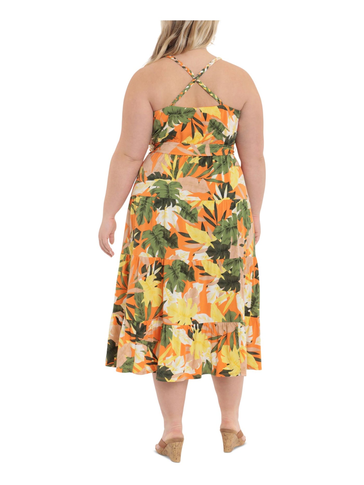 LONDON TIMES Womens Orange Jersey Printed Sleeveless Scoop Neck Maxi Fit + Flare Dress Plus 20W