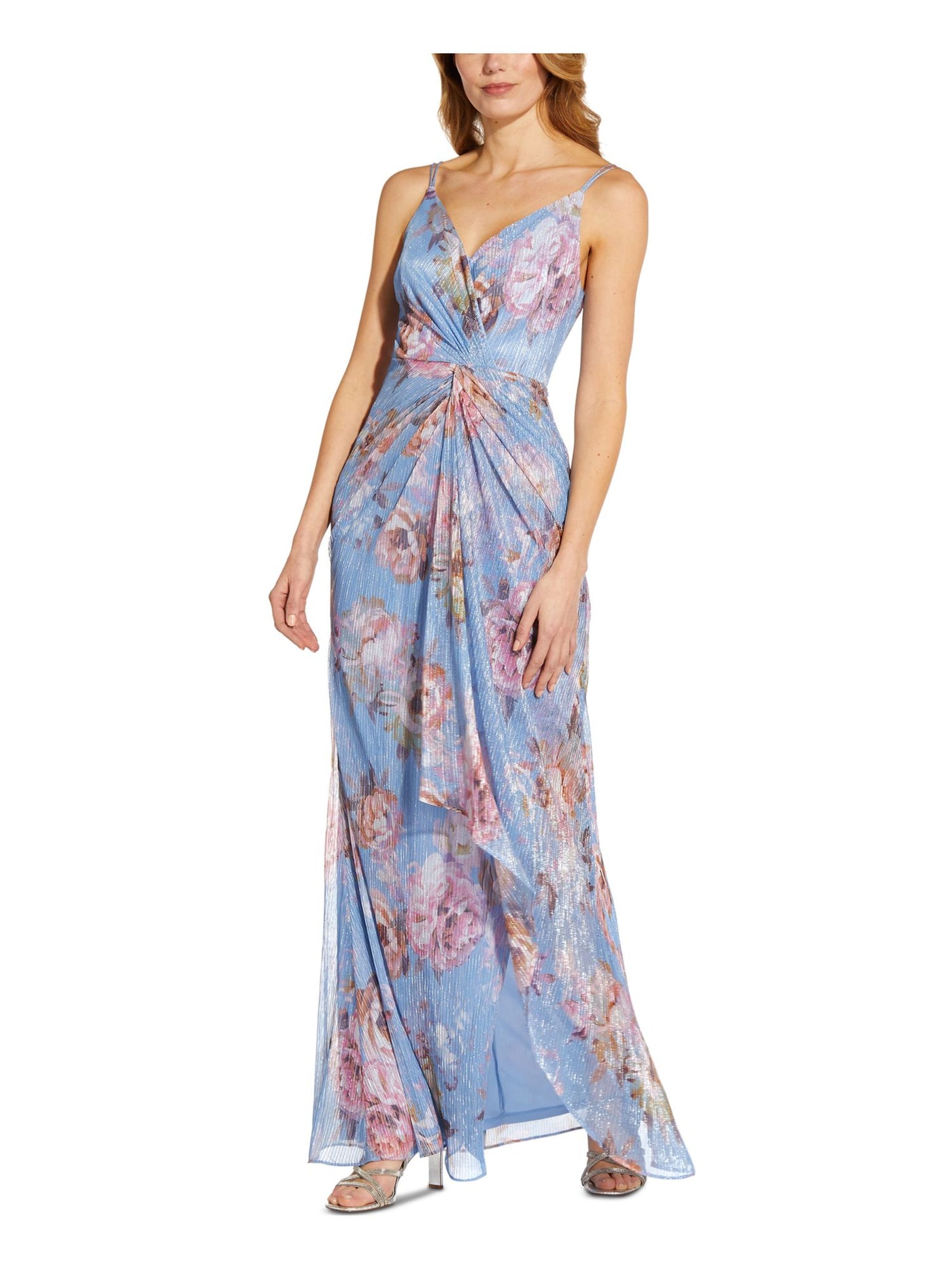 ADRIANNA PAPELL Womens Blue Stretch Metallic Twist Front Crinkle Sheer Lined Floral Spaghetti Strap Surplice Neckline Full-Length Evening Gown Dress 14