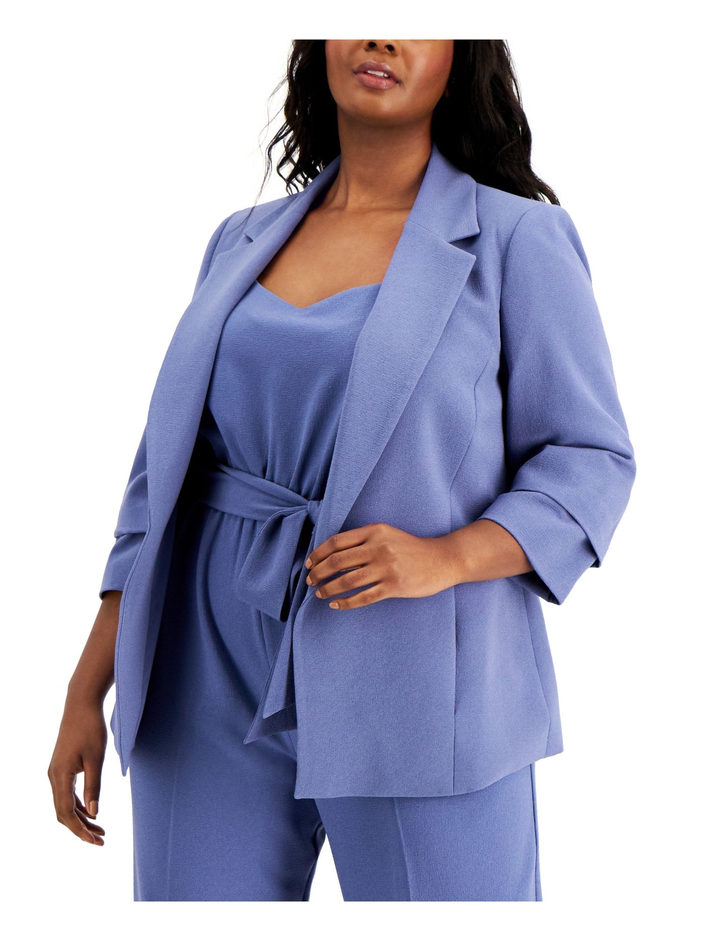 BAR III Womens Blue Stretch Pocketed Textured Darted Shoulder Pads Long Sleeve Collared Formal Blazer Jacket Plus 3X