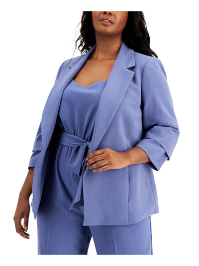 BAR III Womens Blue Stretch Pocketed Textured Darted Shoulder Pads Long Sleeve Collared Formal Blazer Jacket Plus 3X