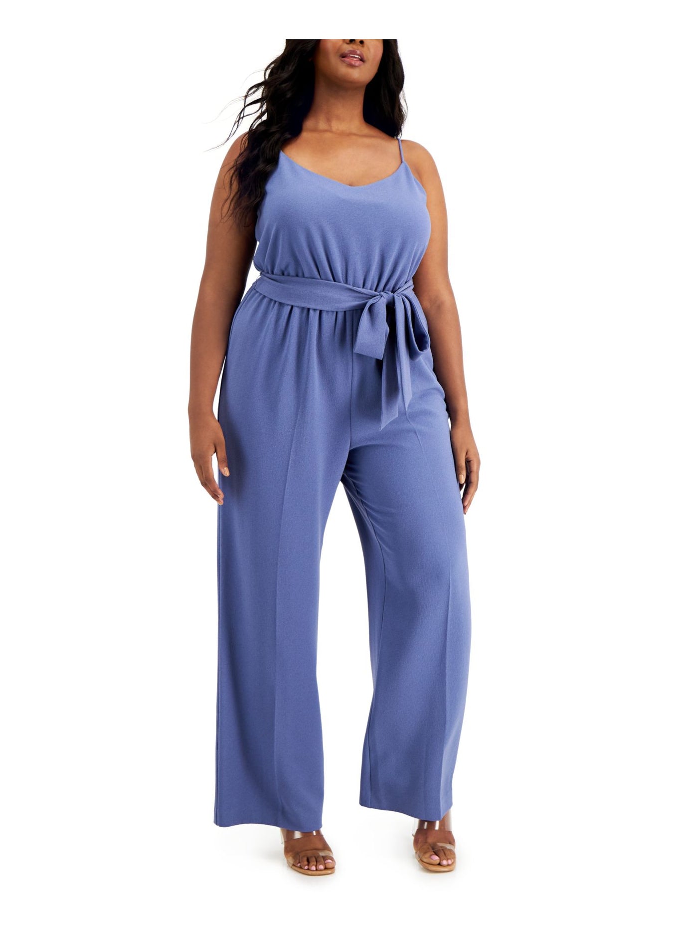 BAR III Womens Stretch Zippered Belted Spaghetti Strap V Neck Wide Leg Jumpsuit