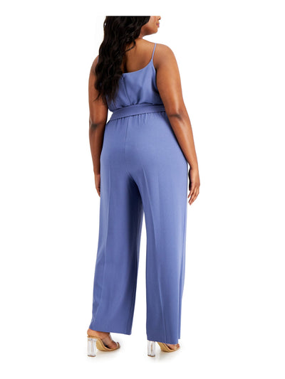 BAR III Womens Blue Stretch Zippered Belted Spaghetti Strap V Neck Wide Leg Jumpsuit Plus 3X