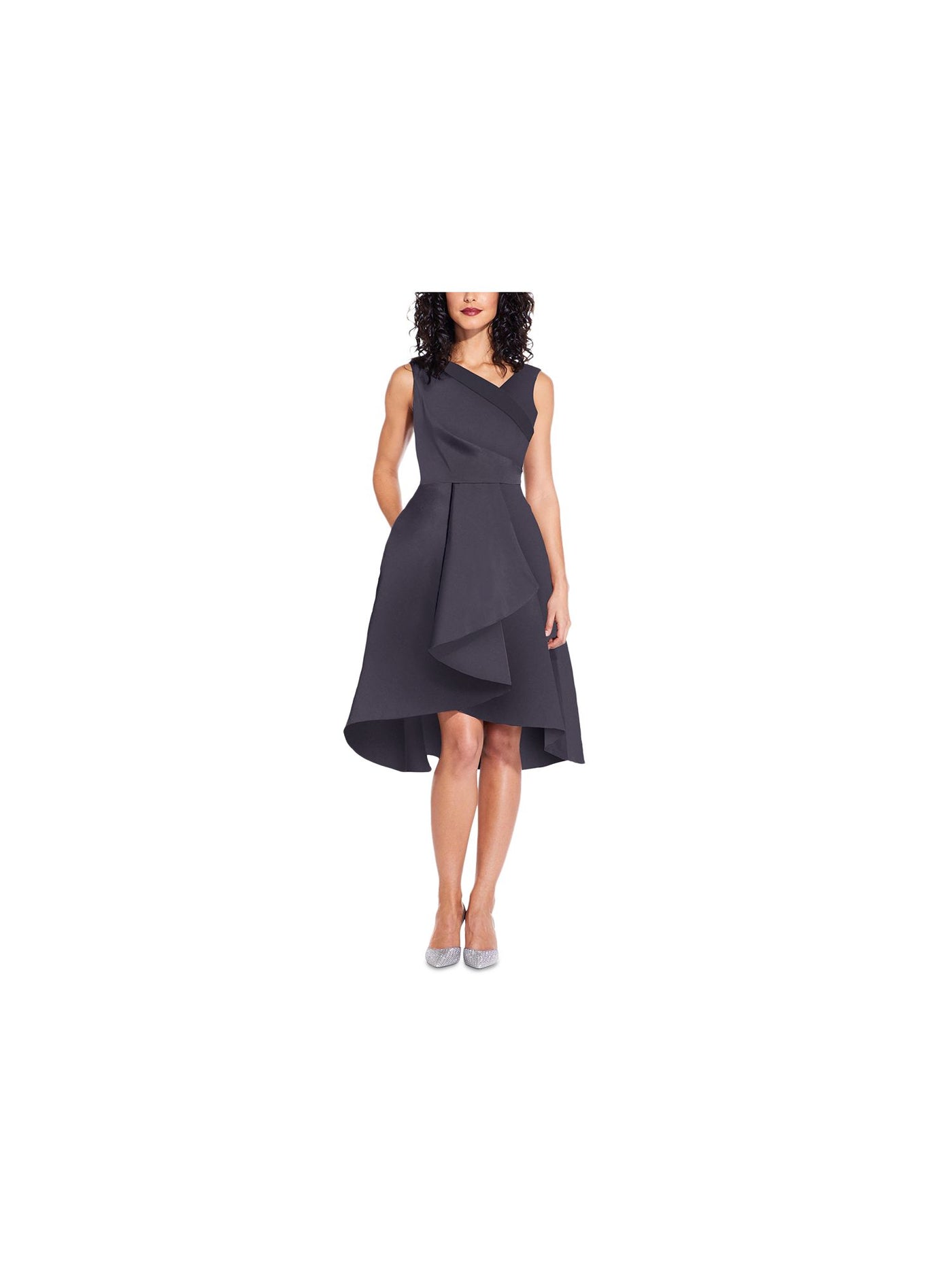 ADRIANNA PAPELL Womens Gray Zippered Pocketed Pleated Cascade-ruffled Sleeveless Asymmetrical Neckline Below The Knee Cocktail Fit + Flare Dress 6