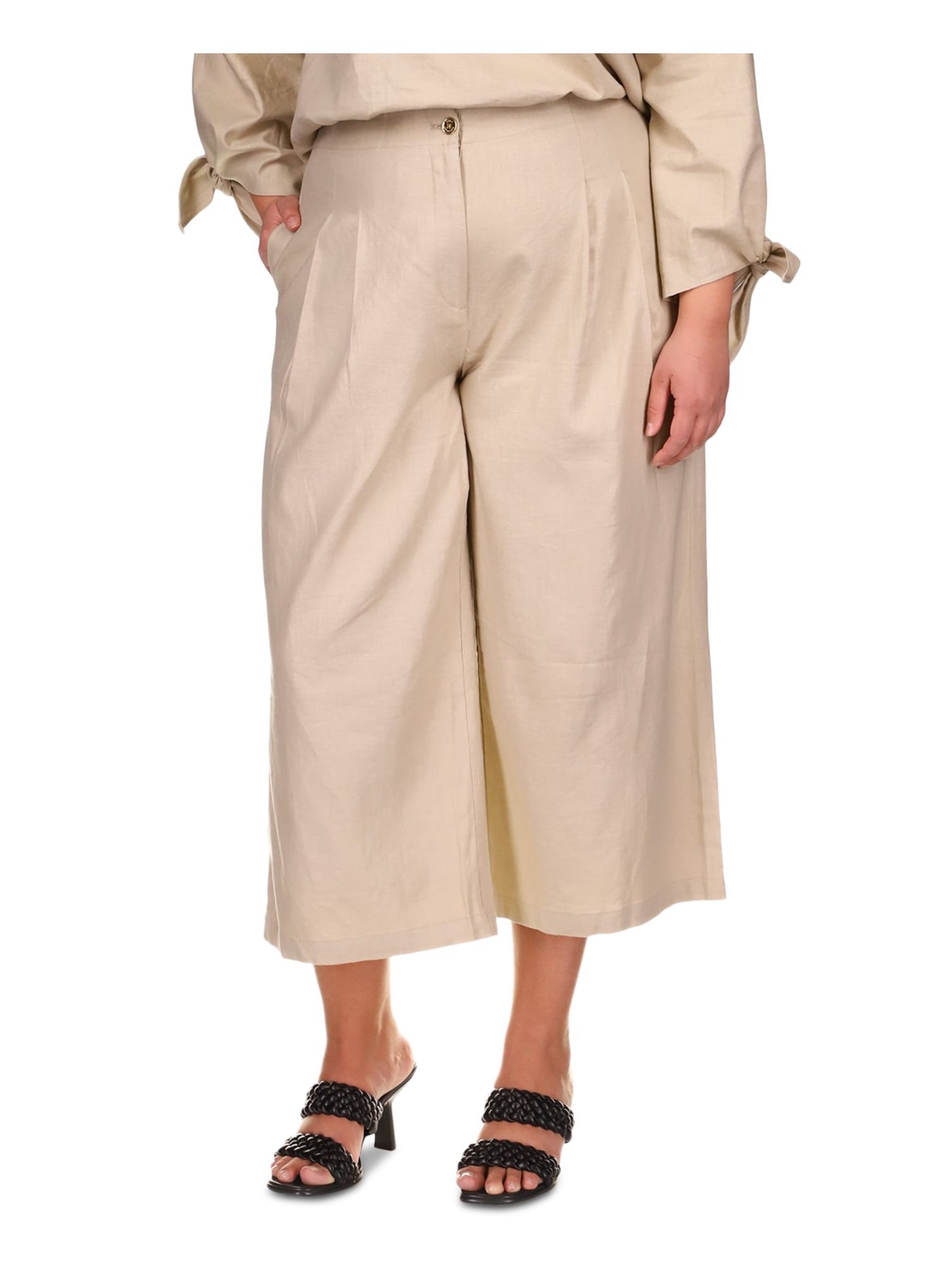 MICHAEL MICHAEL KORS Womens Beige Zippered Pocketed Cropped Wide Leg Pleated Front Wear To Work High Waist Pants Plus 16W