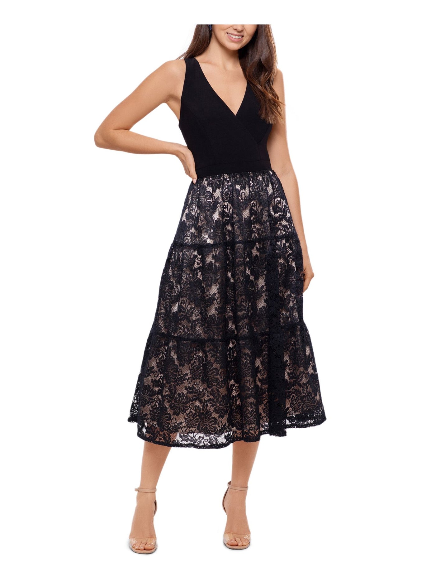 XSCAPE Womens Black Lace Zippered Tiered Lined Sleeveless V Neck Midi Party Fit + Flare Dress 10