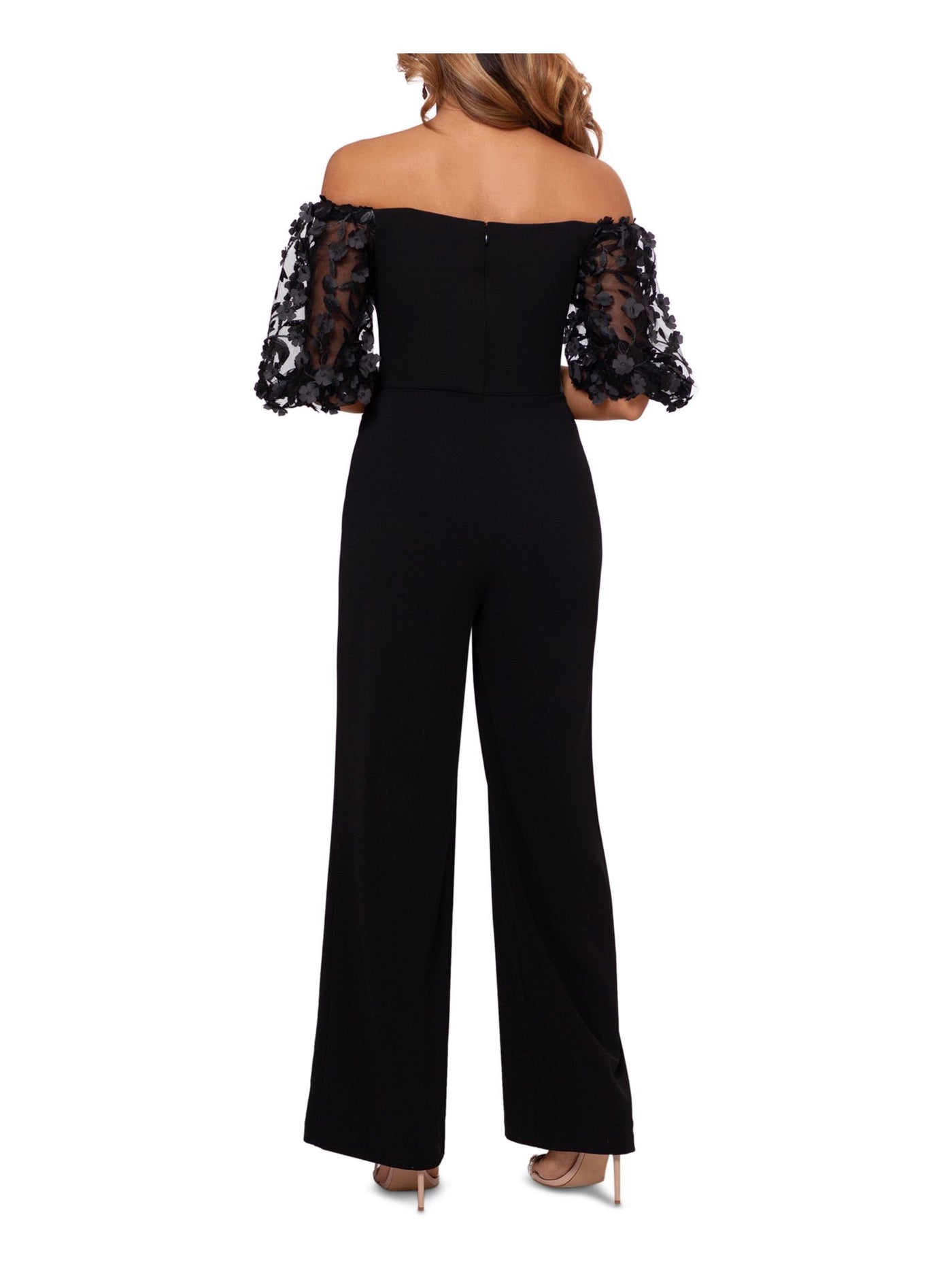 XSCAPE Womens Black Zippered Pleated 3-d Floral Puff Sleeves Pocketed Off Shoulder Party Straight leg Jumpsuit 10