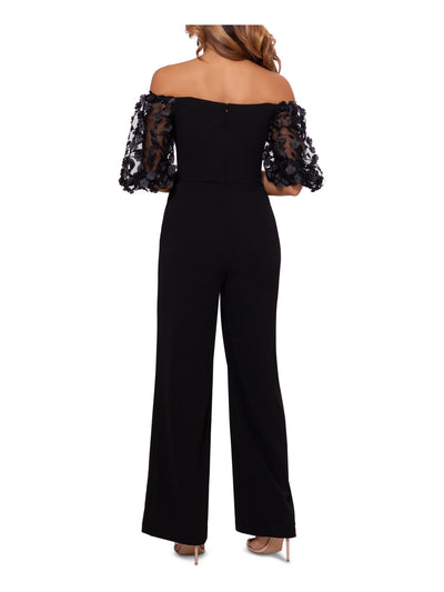 XSCAPE Womens Black Zippered Flower Applique Sleeves Off Shoulder Party High Waist Jumpsuit Petites 10P