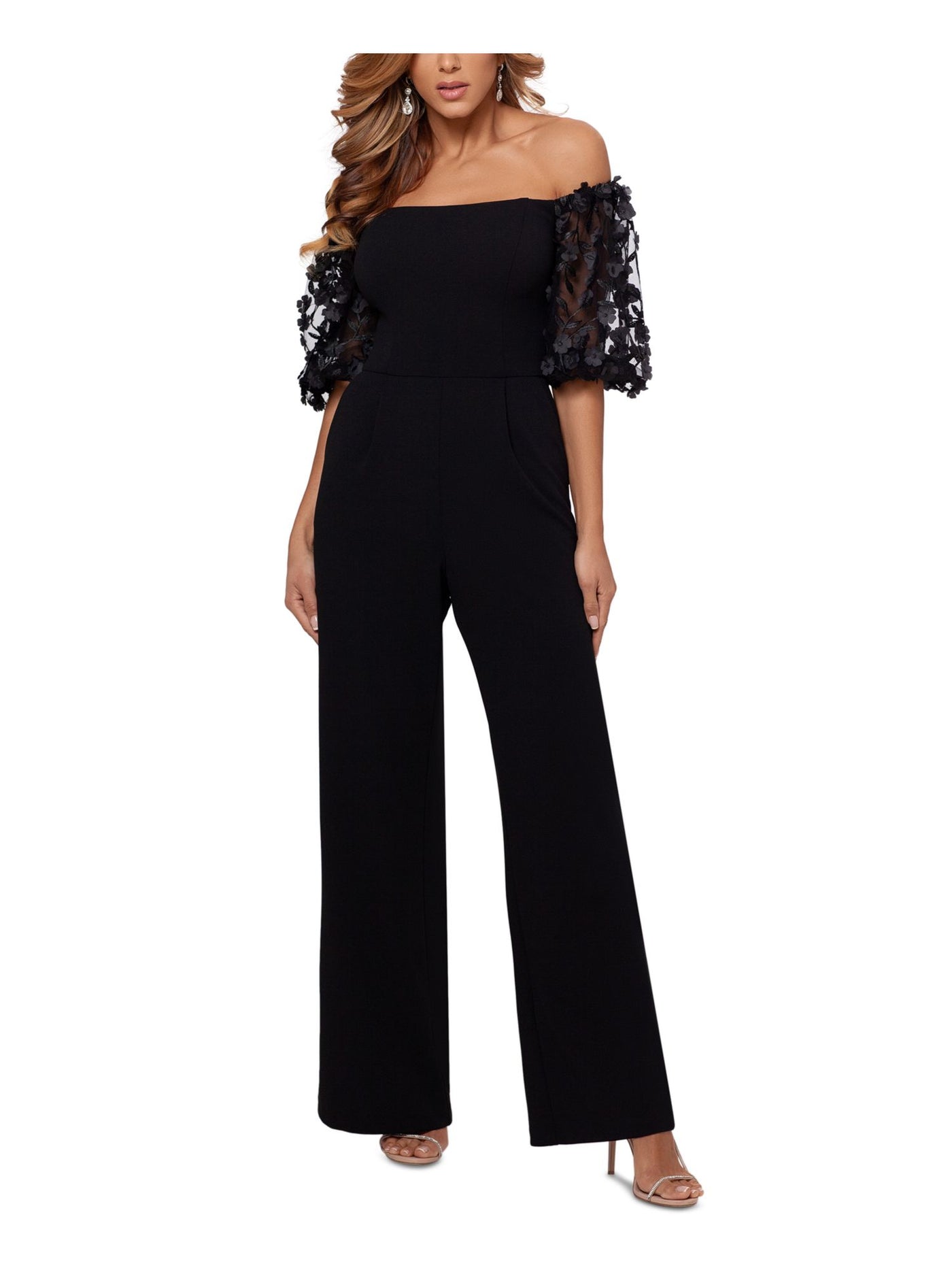 XSCAPE Womens Black Zippered Pleated 3-d Floral Puff Sleeves Pocketed Off Shoulder Party Straight leg Jumpsuit 10