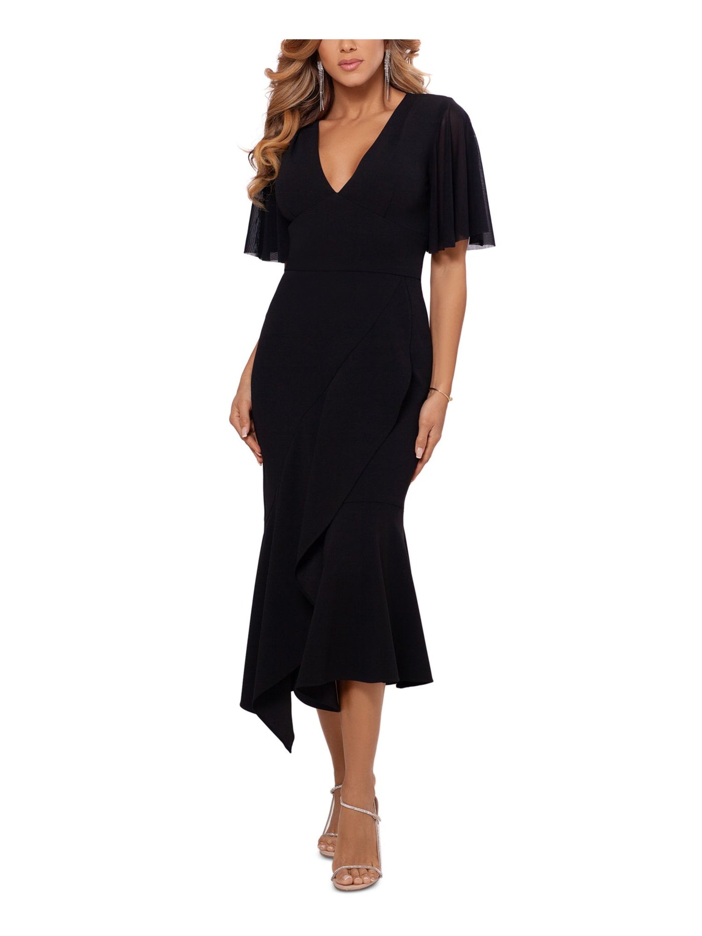 BETSY & ADAM Womens Black Stretch Ruffled Zippered Asymmetrical Hem Flutter Sleeve V Neck Midi Formal Dress 8