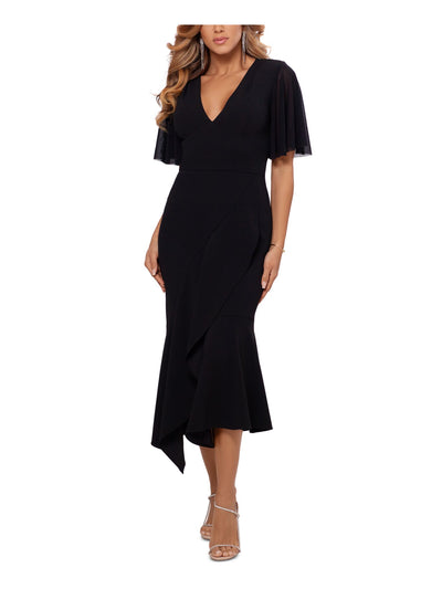 BETSY & ADAM Womens Black Stretch Ruffled Zippered Asymmetrical Hem Flutter Sleeve V Neck Midi Formal Dress 4