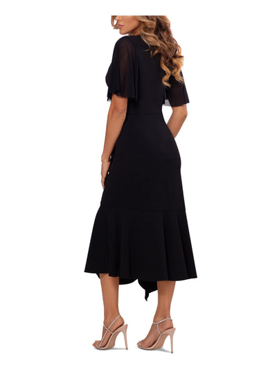 BETSY & ADAM Womens Black Stretch Ruffled Zippered Asymmetrical Hem Flutter Sleeve V Neck Midi Formal Dress 6
