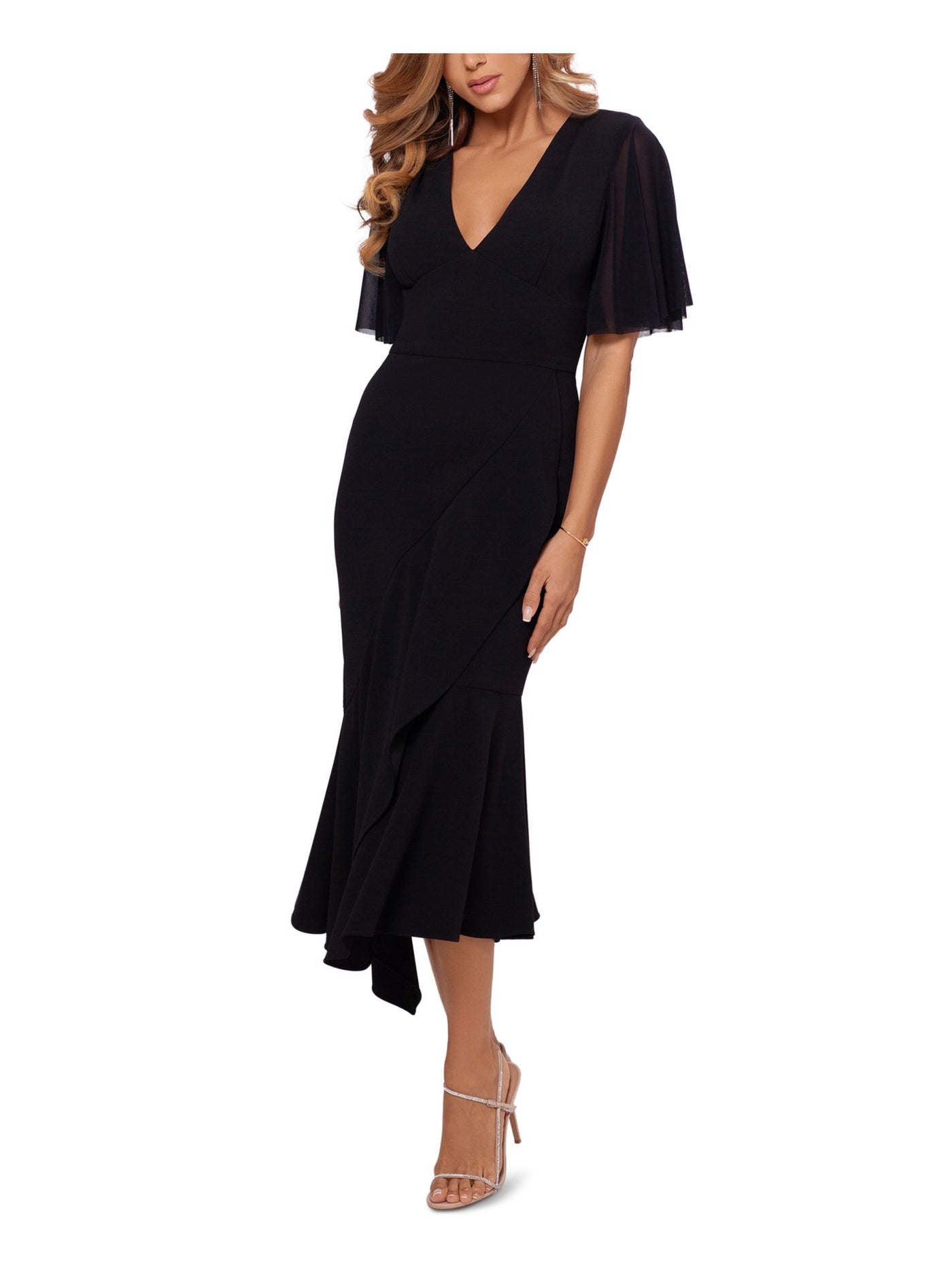 BETSY & ADAM Womens Black Stretch Ruffled Zippered Asymmetrical Hem Flutter Sleeve V Neck Midi Formal Dress 4