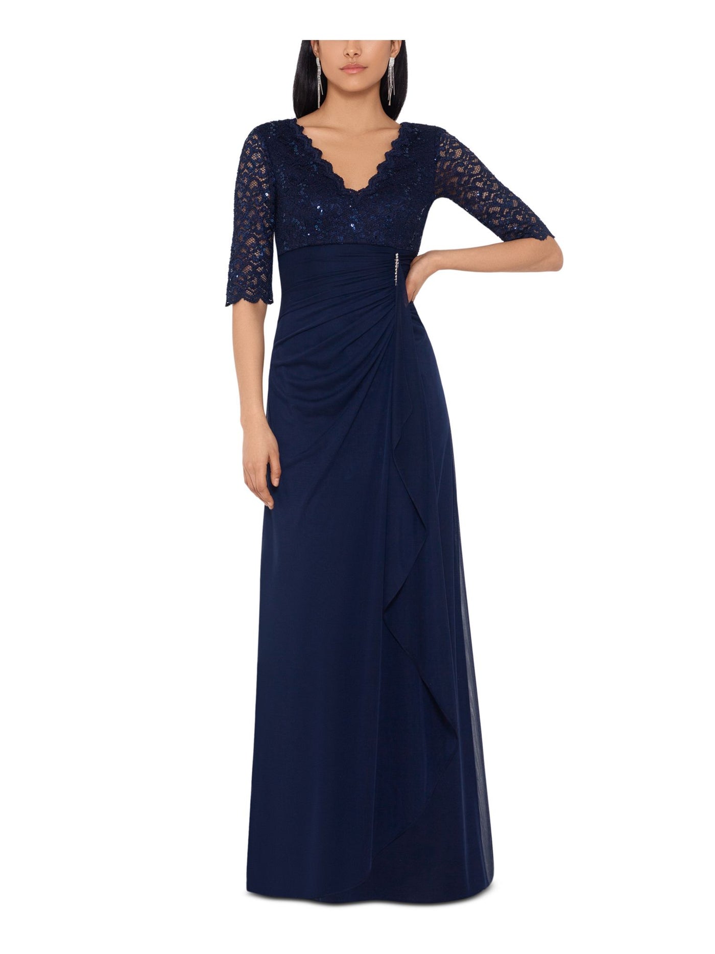 B&A  BY BETSY & ADAM Womens Navy Zippered Scalloped Ruched Waterfall Ruffle V-back Elbow Sleeve V Neck Full-Length Formal Gown Dress 14