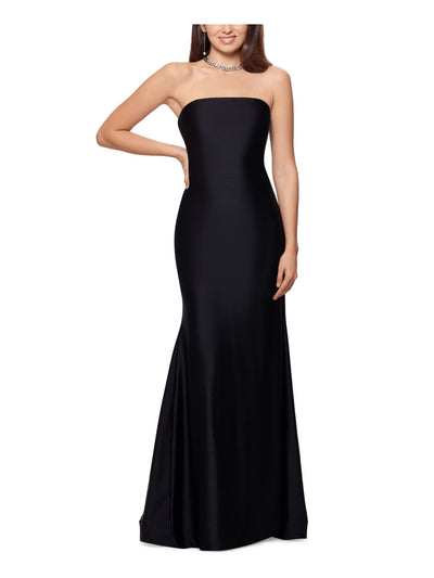 XSCAPE Womens Black Stretch Zippered Sateen Fabric Lined Sleeveless Strapless Full-Length Formal Gown Dress 2