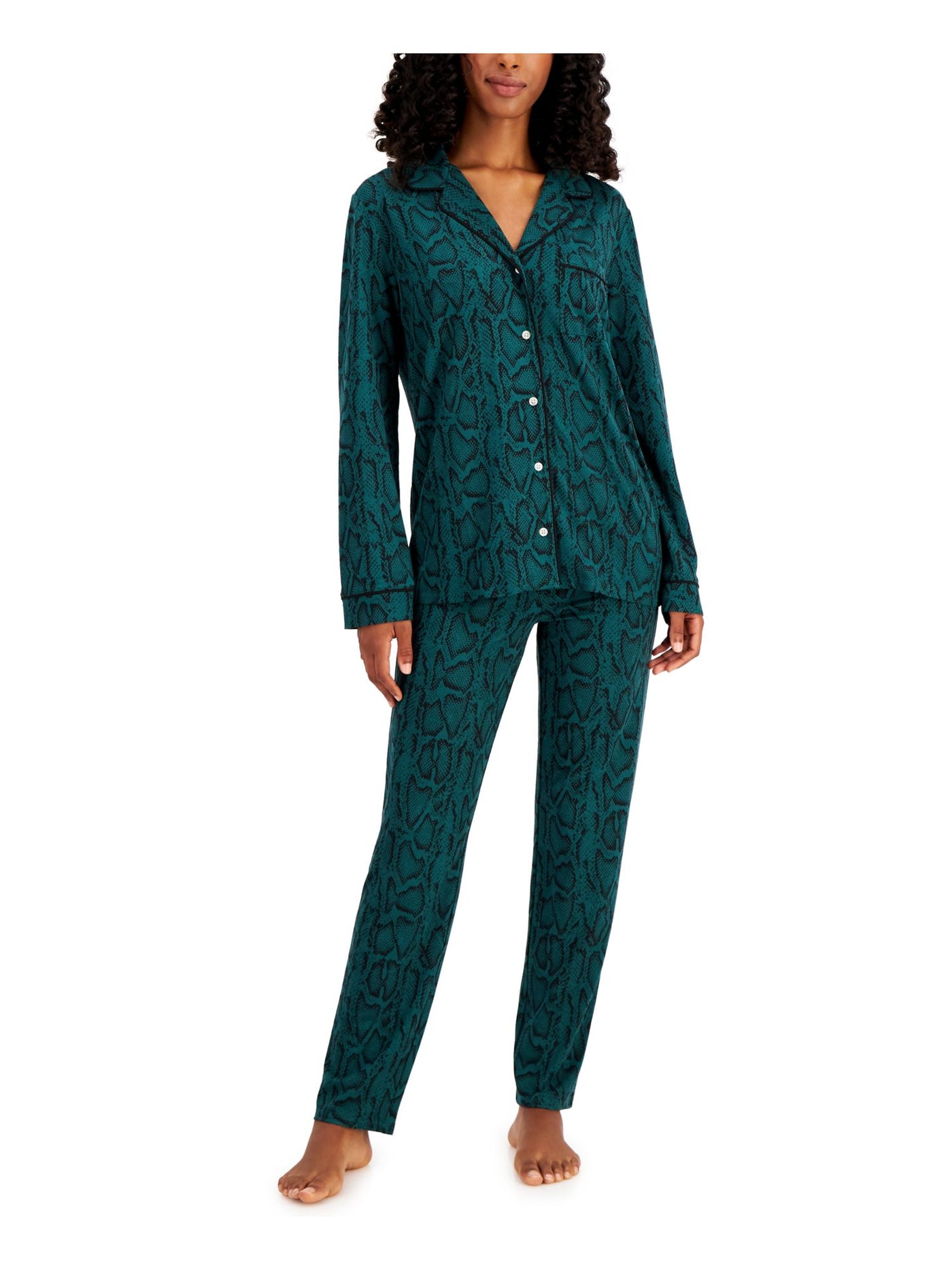 ALFANI Womens Green Printed Notched Collar Long Sleeve Button Up Top Straight leg Pants Pajamas XL