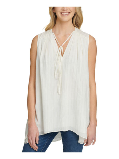 DKNY Womens Ivory Metallic Tie Front Striped Sleeveless V Neck Top M