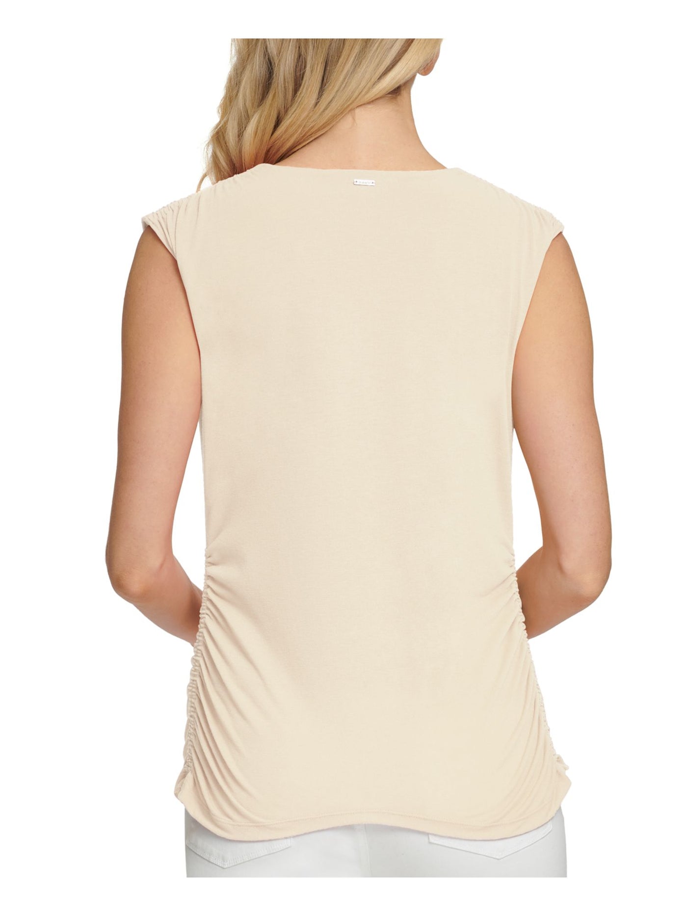 DKNY Womens Beige Stretch Ruched Sleeveless V Neck Wear To Work Top S