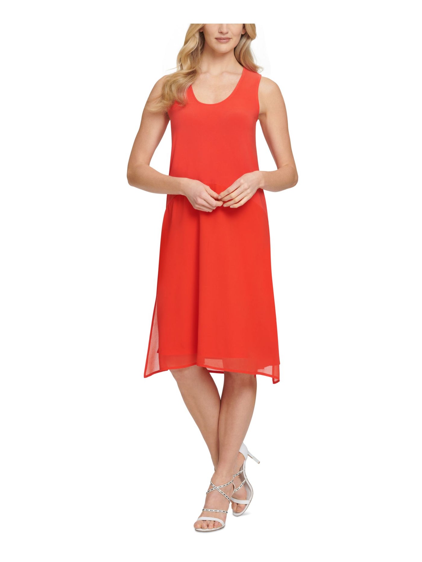 DKNY Womens Orange Stretch Slitted Pullover Styling Sleeveless Scoop Neck Midi Trapeze Dress M