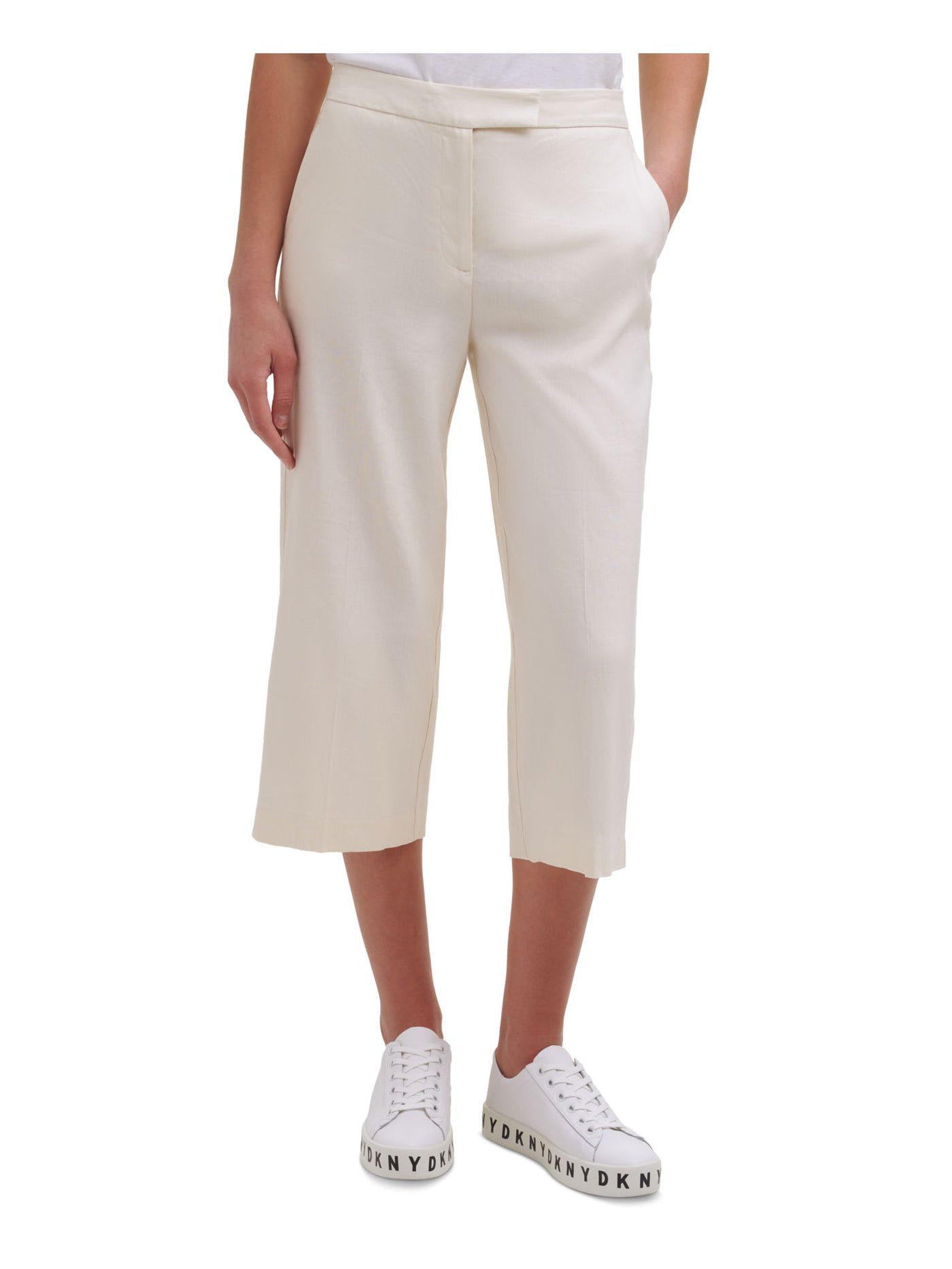DKNY Womens Ivory Stretch Pocketed Zippered Front Tab Cropped Pants 8