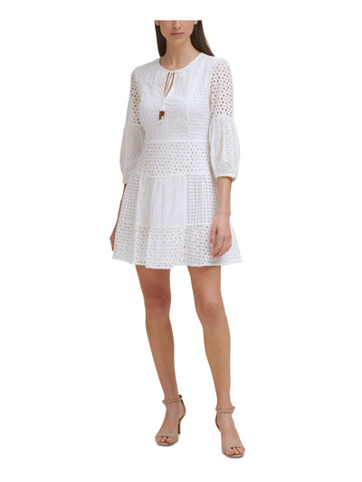 VINCE CAMUTO Womens White Eyelet Zippered Logo Hardware Ties Tiered Lined 3/4 Sleeve Split Short Party Fit + Flare Dress 0