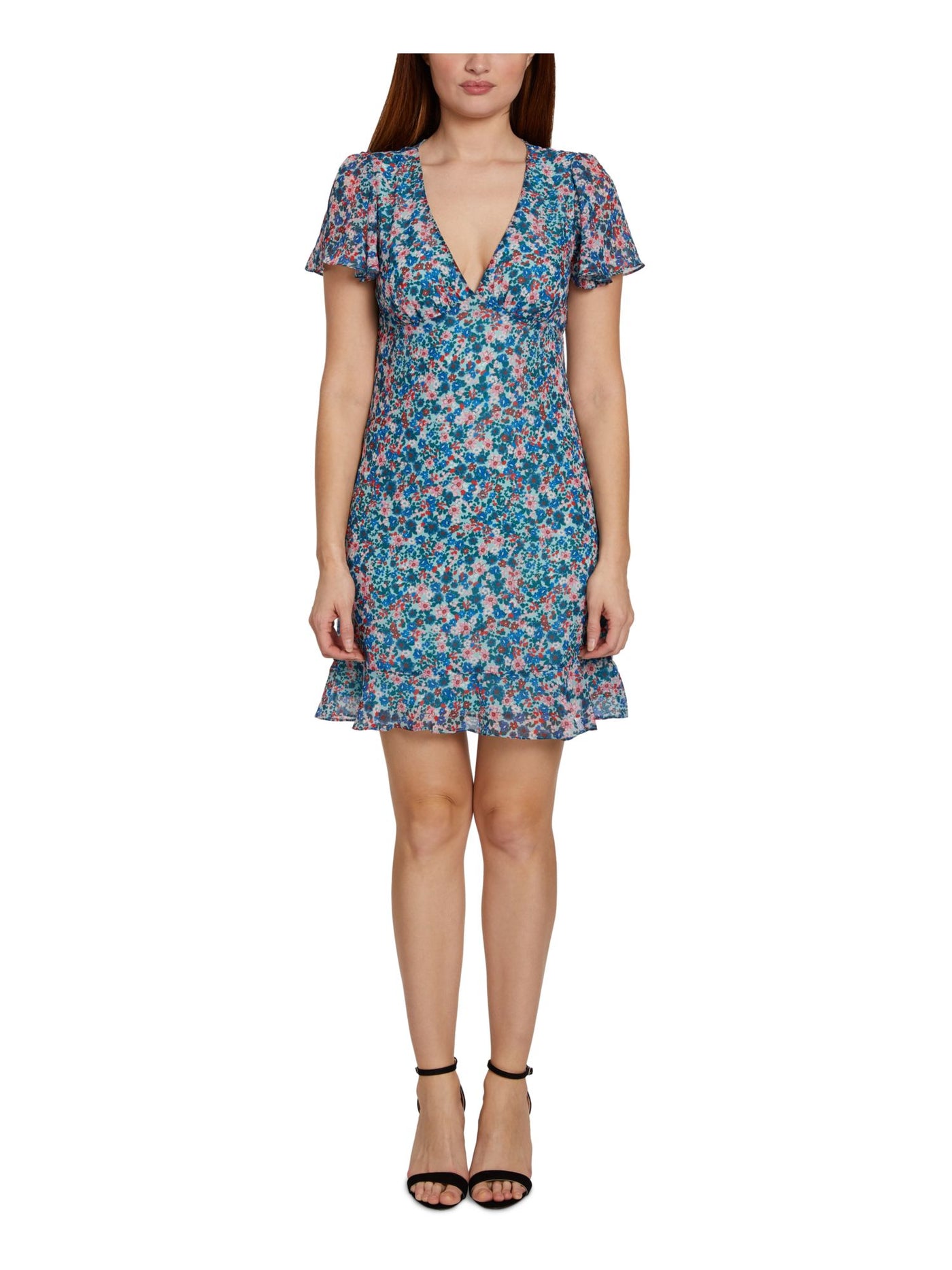 SAGE COLLECTIVE Womens Ruffled Zippered Lined Short Sleeve V Neck Above The Knee A-Line Dress
