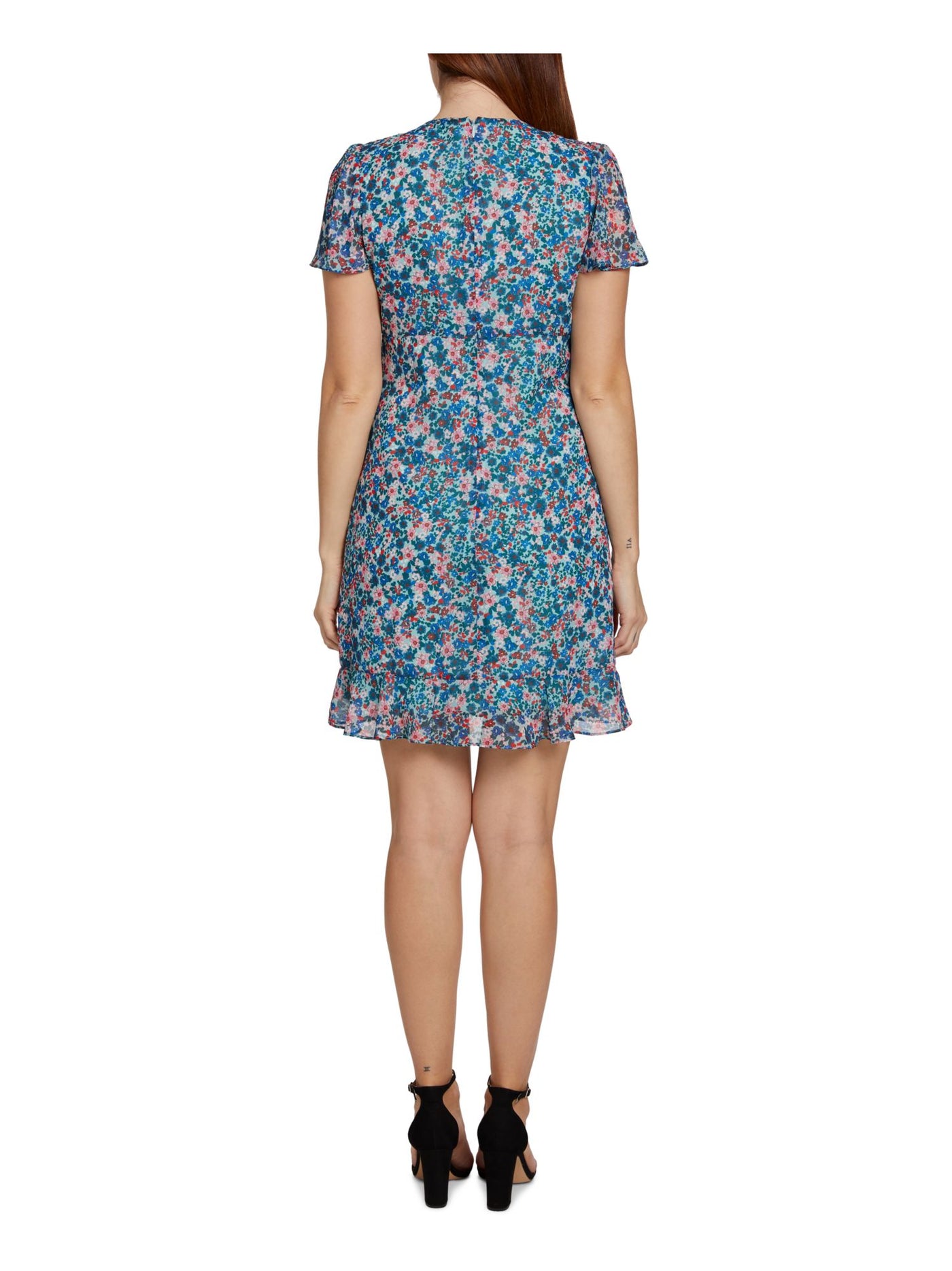 SAGE COLLECTIVE Womens Blue Ruffled Zippered Lined Floral Short Sleeve V Neck Above The Knee A-Line Dress Petites 14P