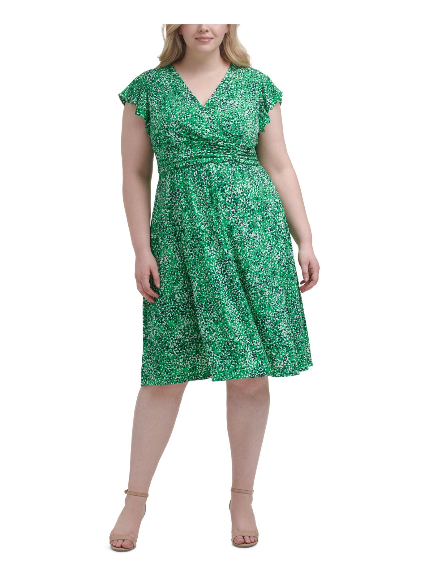 JESSICA HOWARD Womens Green Stretch Zippered Ruched At Waist Lined Printed Flutter Sleeve Surplice Neckline Knee Length Wear To Work Fit + Flare Dress Plus 22W