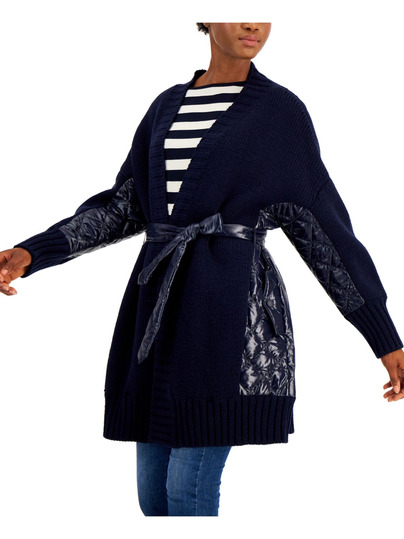 MAXMARA Womens Navy Belted Pocketed Mixed Quilt Cardigan Jacket Wrap Jacket S