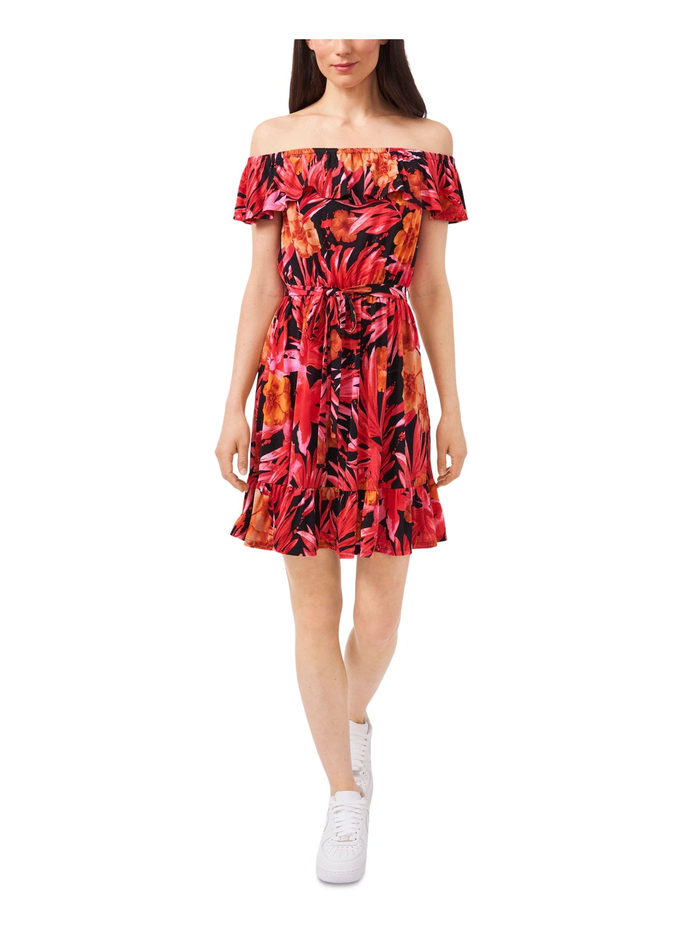 RILEY&RAE Womens Stretch Tie Ruffled Flounce Hem Flutter Sleeve Off Shoulder Above The Knee Party Fit + Flare Dress