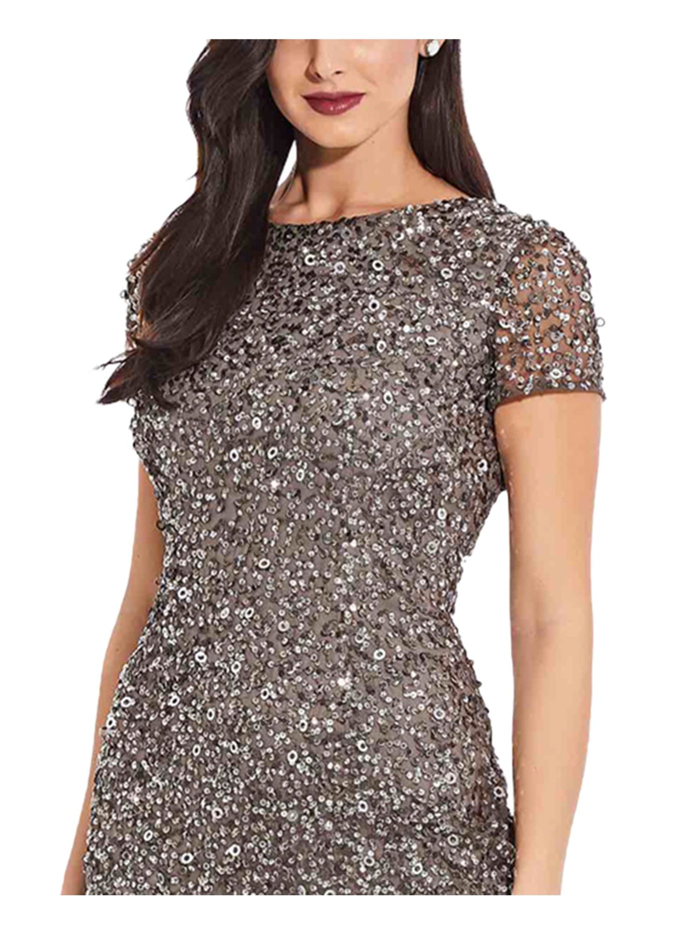 ADRIANNA PAPELL Womens Gray Stretch Sequined Zippered Low Back Lined Short Sleeve Boat Neck Knee Length Formal Sheath Dress 0