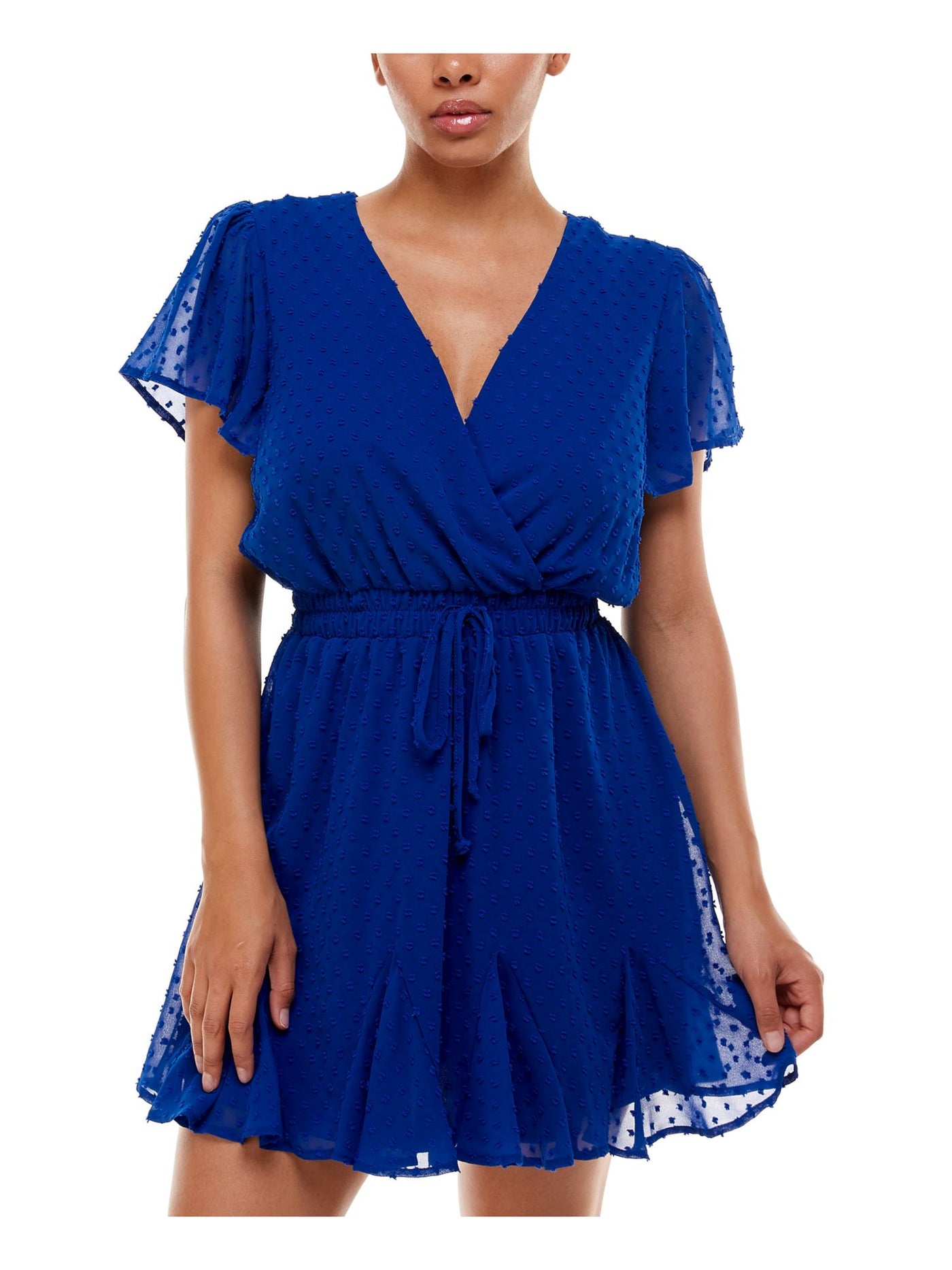 TRIXXI Womens Blue Ruffled Smocked Flutter Sleeve Surplice Neckline Mini Party Fit + Flare Dress S