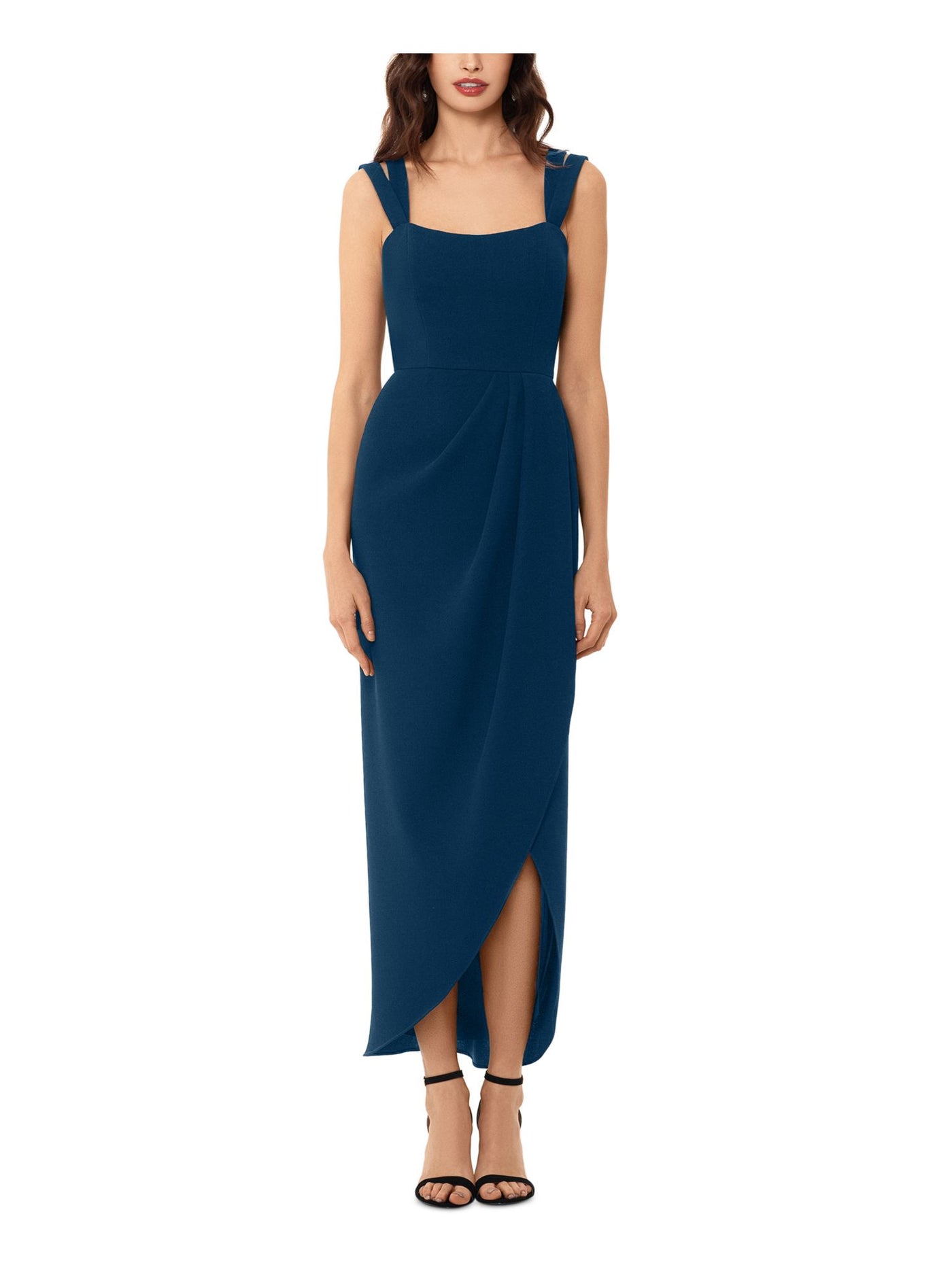 XSCAPE Womens Teal Zippered Slitted Draped Double-strap Sleeveless Scoop Neck Maxi Formal Gown Dress 10
