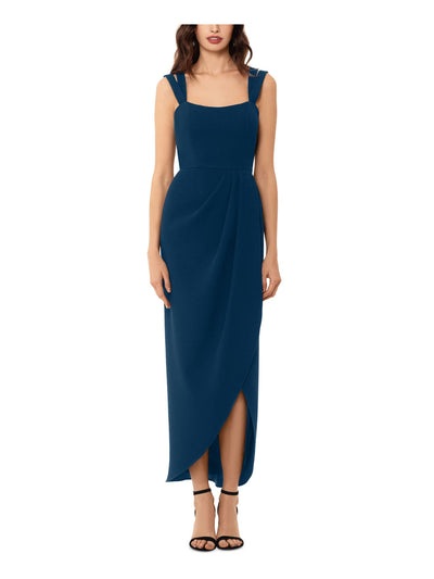 XSCAPE Womens Teal Zippered Slitted Draped Double-strap Sleeveless Scoop Neck Maxi Formal Gown Dress 10