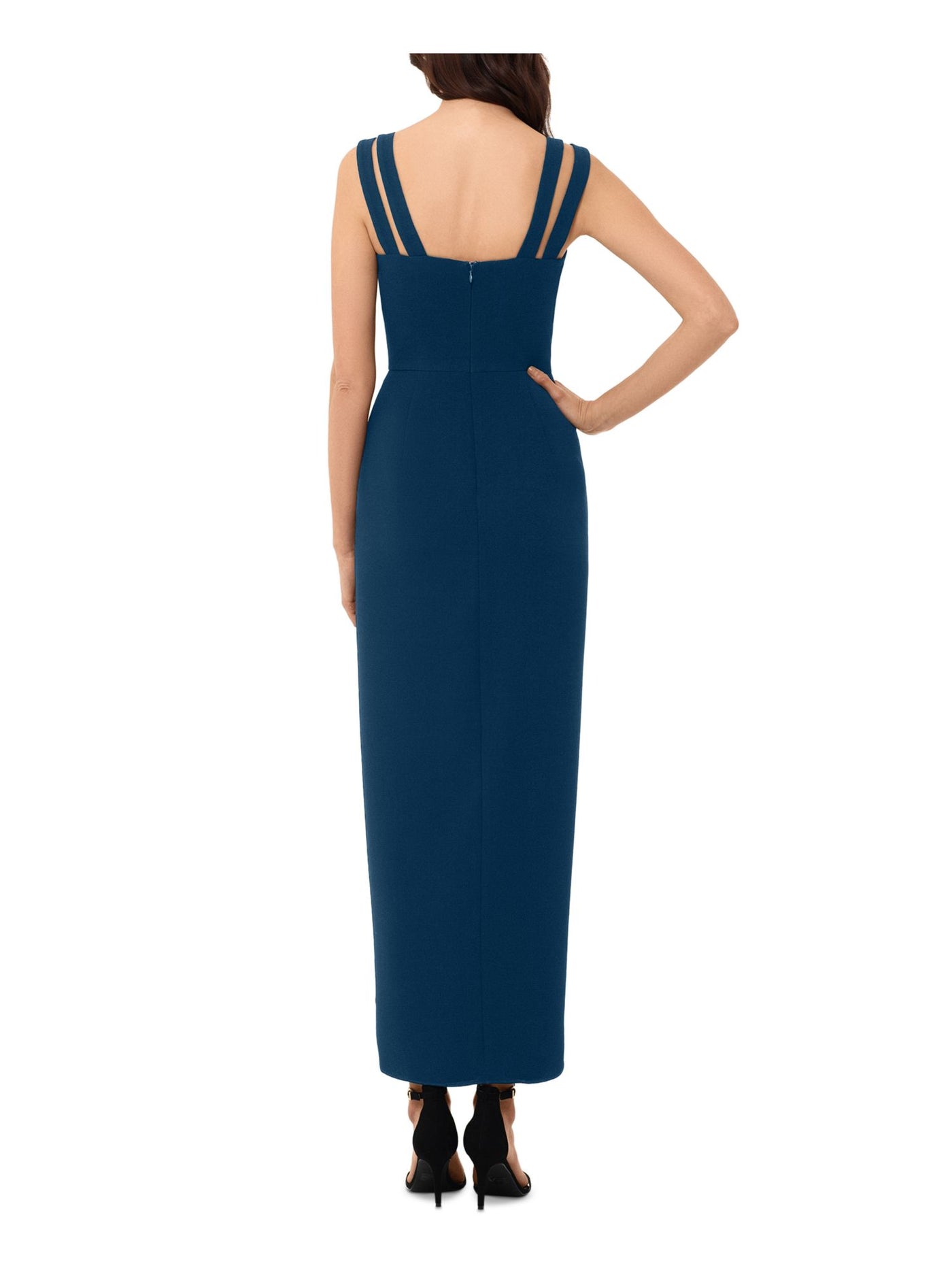 XSCAPE Womens Zippered Slitted Draped Double-strap Sleeveless Scoop Neck Maxi Formal Gown Dress
