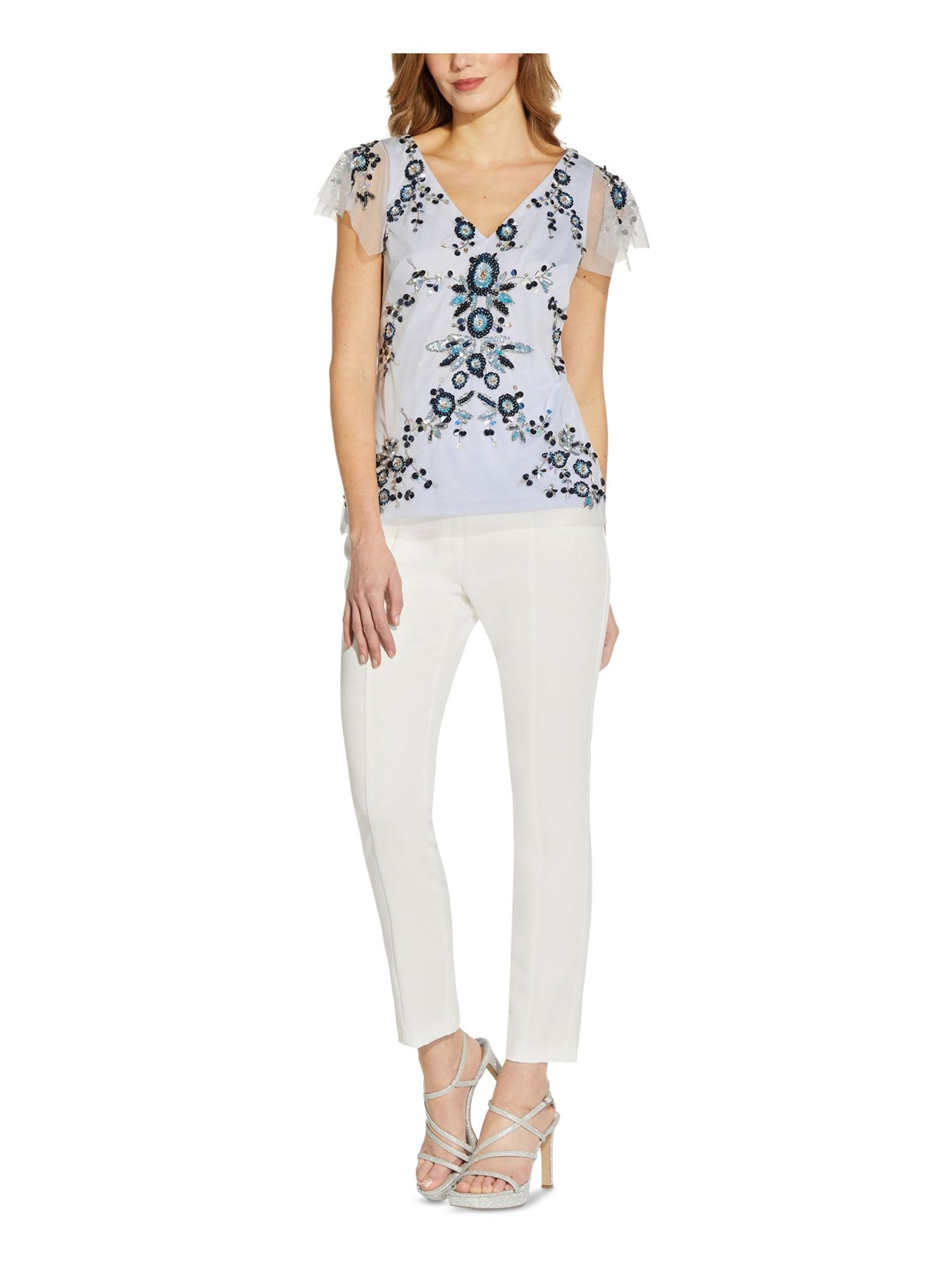 ADRIANNA PAPELL Womens Light Blue Embellished Sequined Zippered Lined Mesh Floral Flutter Sleeve V Neck Wear To Work Top 8