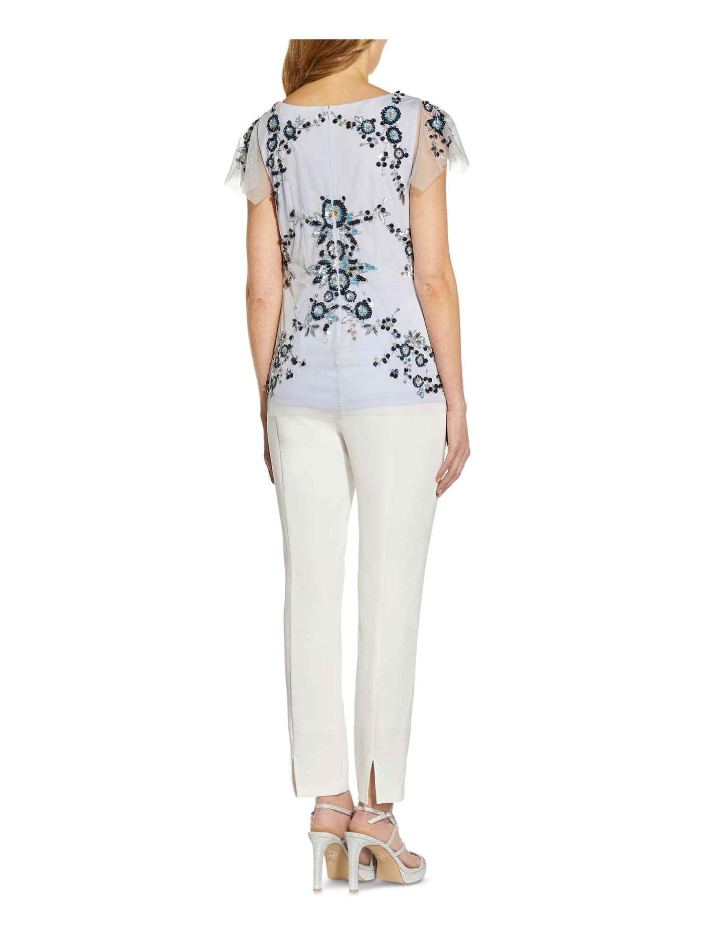 ADRIANNA PAPELL Womens Light Blue Embellished Sequined Zippered Lined Mesh Floral Flutter Sleeve V Neck Wear To Work Top 8