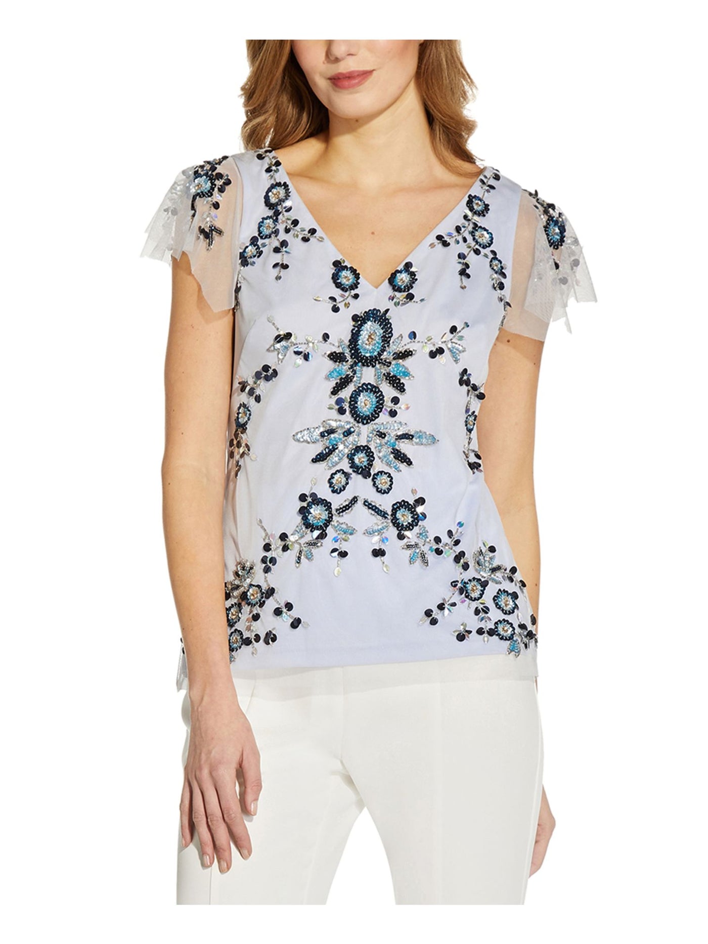 ADRIANNA PAPELL Womens Blue Embellished Sequined Zippered Lined Mesh Floral Flutter Sleeve V Neck Wear To Work Top 4