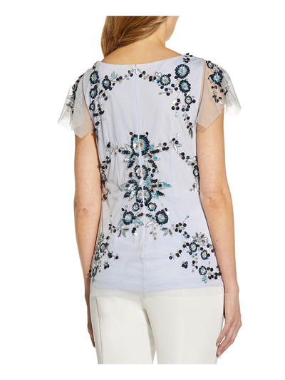 ADRIANNA PAPELL Womens Blue Embellished Sequined Zippered Lined Mesh Floral Flutter Sleeve V Neck Wear To Work Top 4