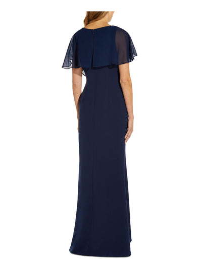 ADRIANNA PAPELL Womens Navy Ruffled Zippered Hi-lo Hem Lined Flutter Sleeve V Neck Full-Length Formal Gown Dress 4