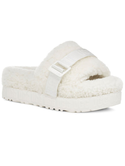 UGG Womens White Buckled Vamp Strap Comfort Fluffita Round Toe Slip On Leather Slippers Shoes 10