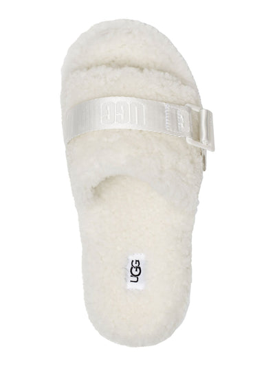 UGG Womens White Buckled Vamp Strap Comfort Fluffita Round Toe Slip On Leather Slippers Shoes 10