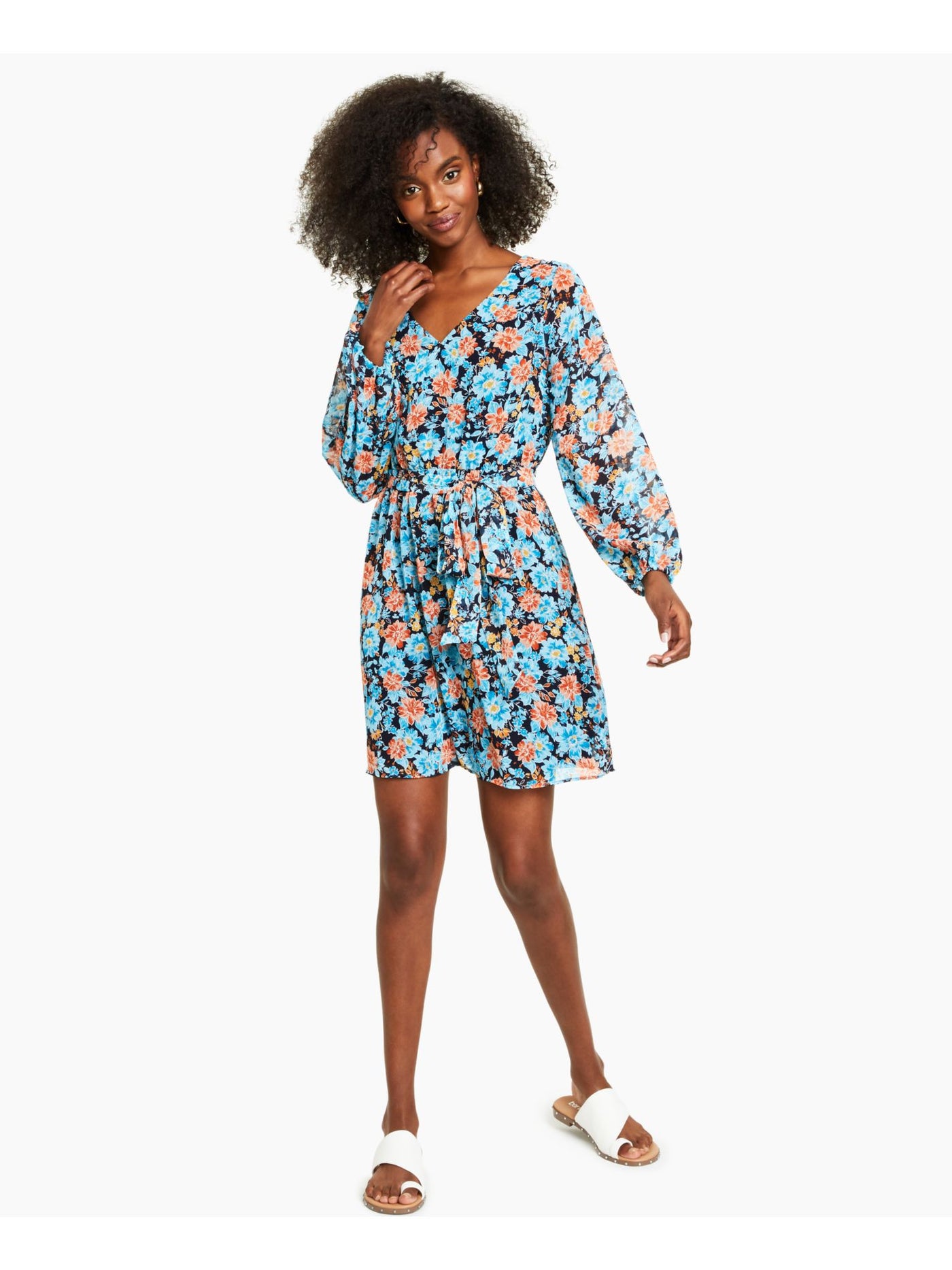BAR III Womens Navy Woven Fitted Floral Long Sleeve V Neck Short Party Fit + Flare Dress XL BAR III Womens Navy Woven Fitted Floral Long Sleeve V Neck Short Party Fit + Flare Dress XL