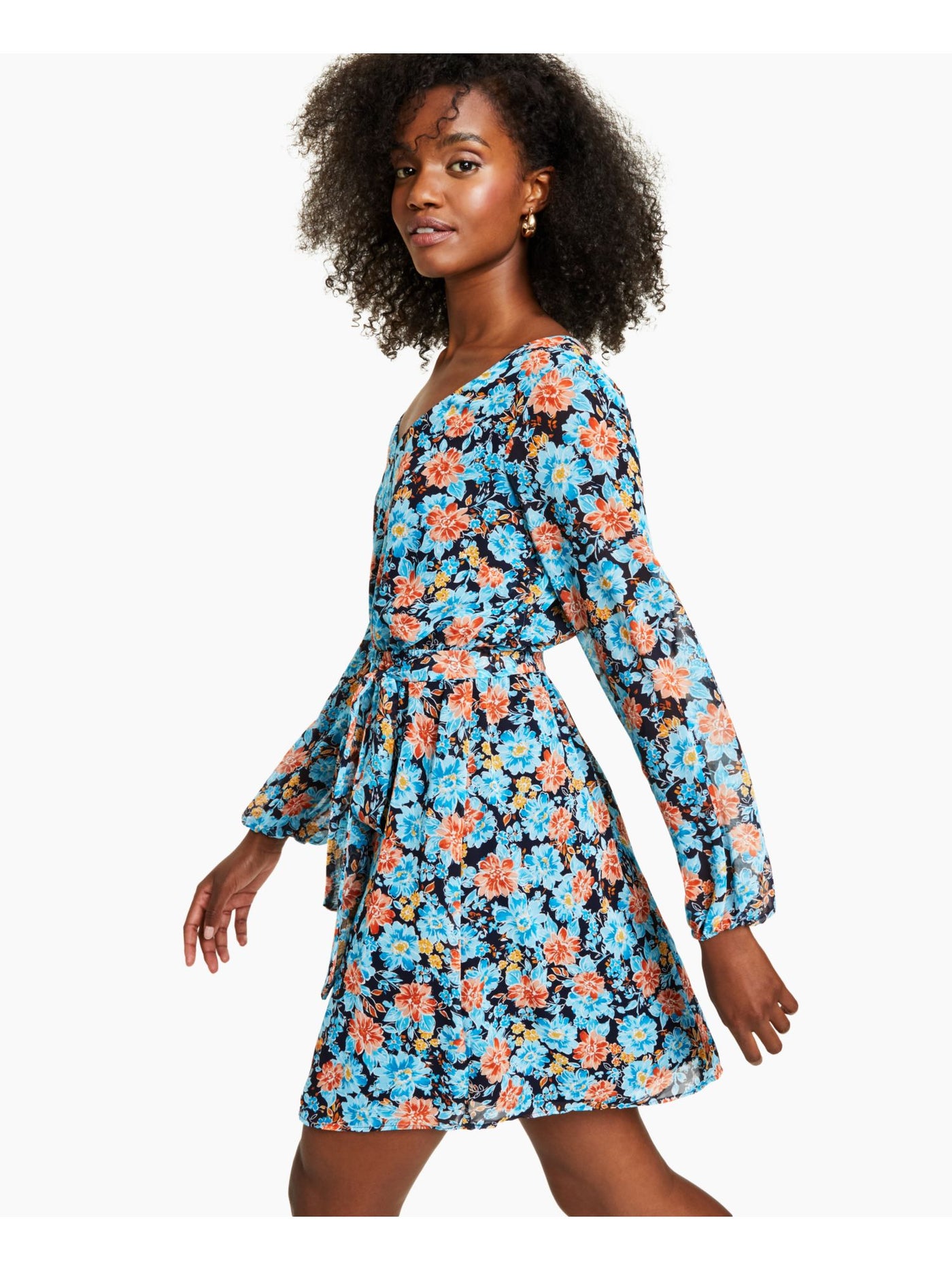 BAR III Womens Navy Woven Fitted Floral Long Sleeve V Neck Short Party Fit + Flare Dress XL BAR III Womens Navy Woven Fitted Floral Long Sleeve V Neck Short Party Fit + Flare Dress XL