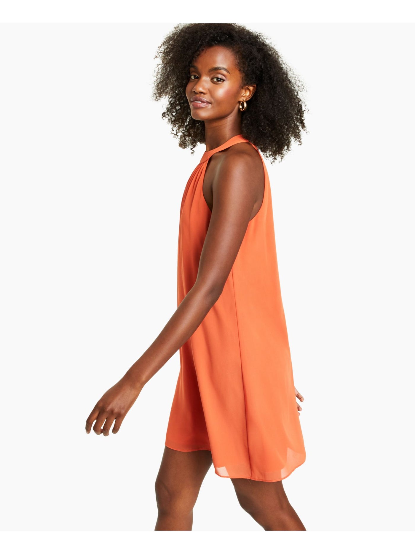 BAR III Womens Orange Pleated Zippered Lined Sleeveless Halter Short Trapeze Dress XS