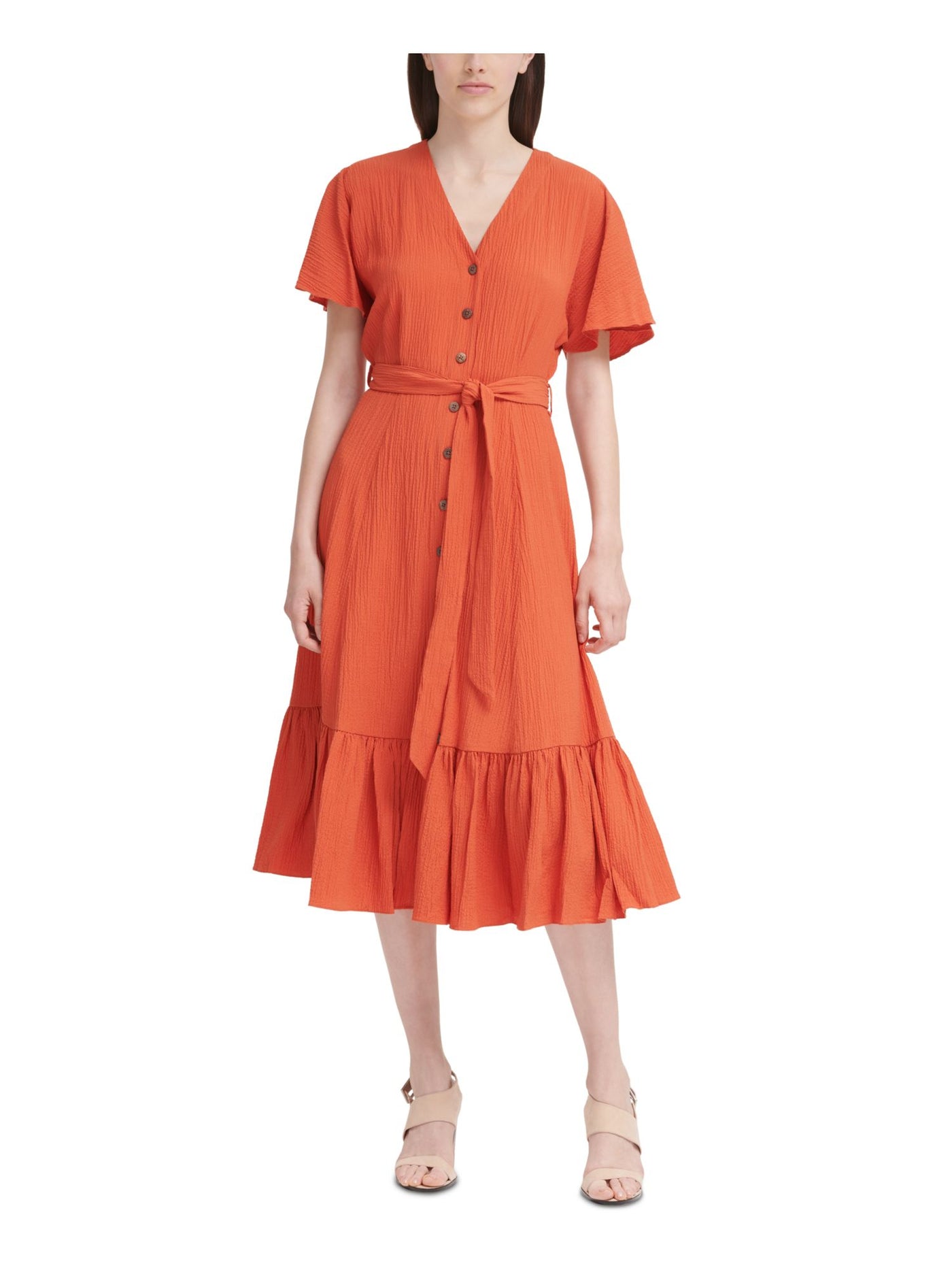 CALVIN KLEIN Womens Orange Flutter Sleeve V Neck Midi Wear To Work Shirt Dress 14