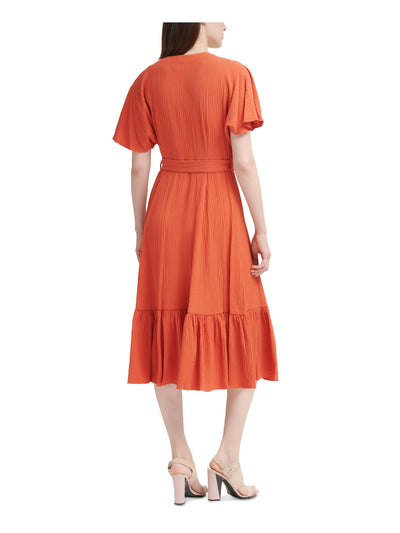 CALVIN KLEIN Womens Orange Flutter Sleeve V Neck Midi Wear To Work Shirt Dress 14